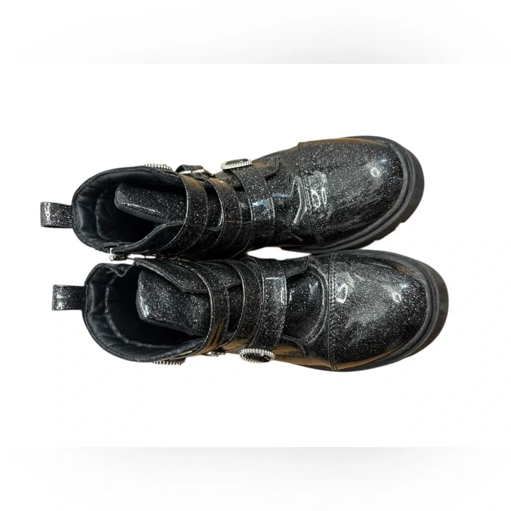 Justice Glittery Black big girls Kids Boots sz 3 zip+ 3 strap buckle preloved